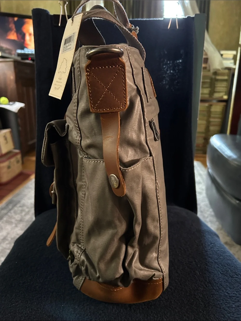 TSD Brand Urban Coated 100% Cotton Canvas Tote Bag w Genuine Leather Trim NWT